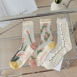 Calcetines Transparentes con Encaje y Bordado de Rosas – Estilo Romántico Vintage