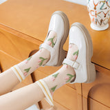 "Calcetines Transparentes con Tulipanes Bordados – Estilo Vintage Romántico