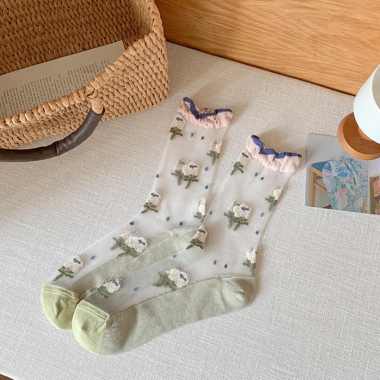✨🌸Calcetines Florales de Tul con Encaje Pastel