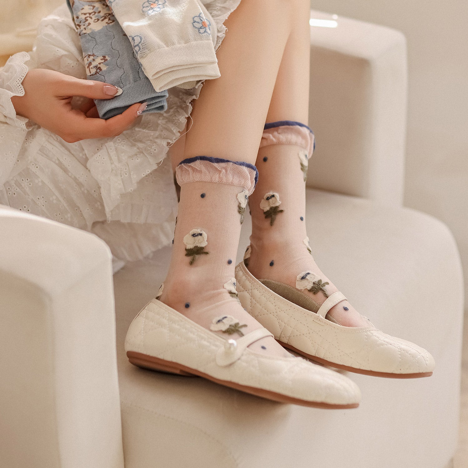 ✨🌸Calcetines Florales de Tul con Encaje Pastel