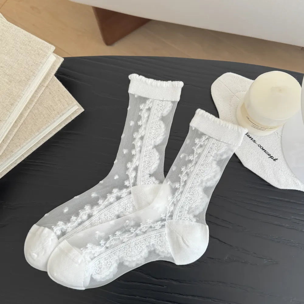 Calcetines Tul Flores Bordadas